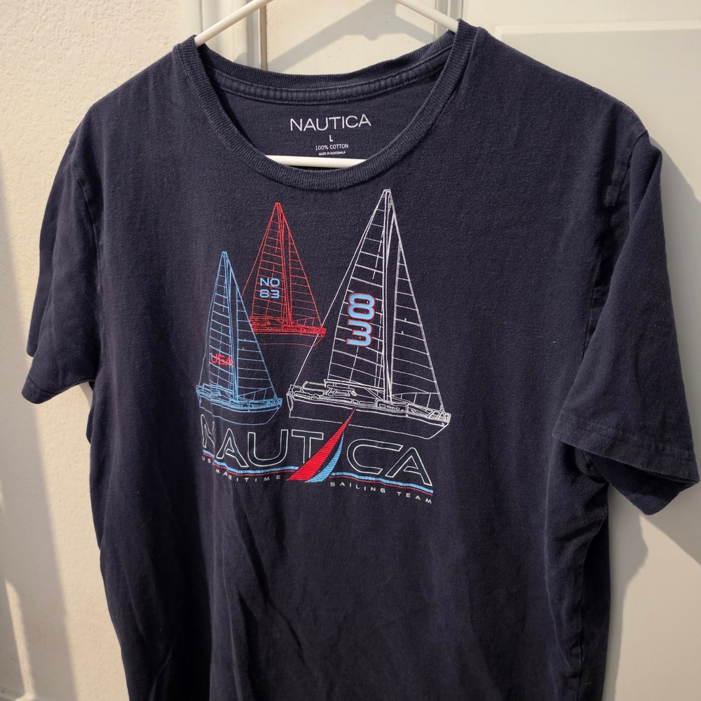 Nautica Mens Large Navy Blue USA Maritime Sailing Team Graphic T-Shirt Cotton